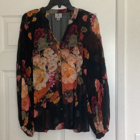 Worthington Sheer Black Polyester Floral Button Blouse with Long Pleated Sleeves - Picture 4 of 11
